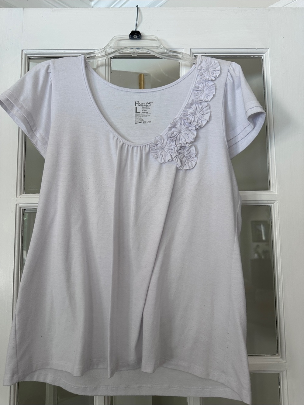 Hanes White Short-Sleeve Scoop Neck Tee with Floral Rosette Detail
